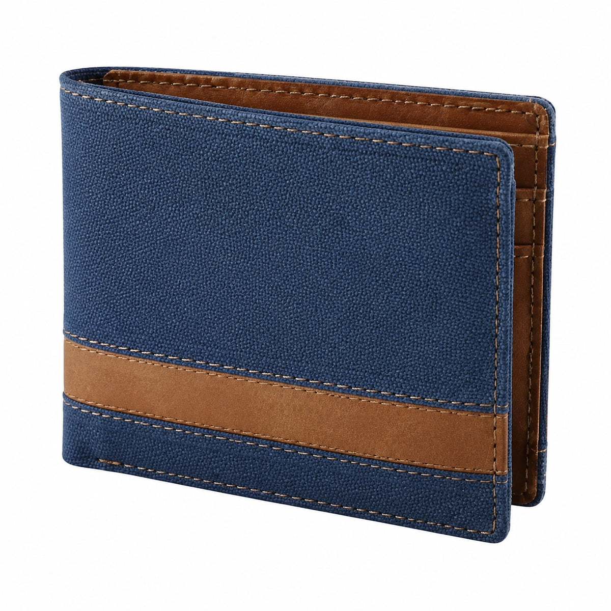 Portefeuille pliant 12 x 9.5 cm en matière synthétique bleu marine et marron rangement cartes