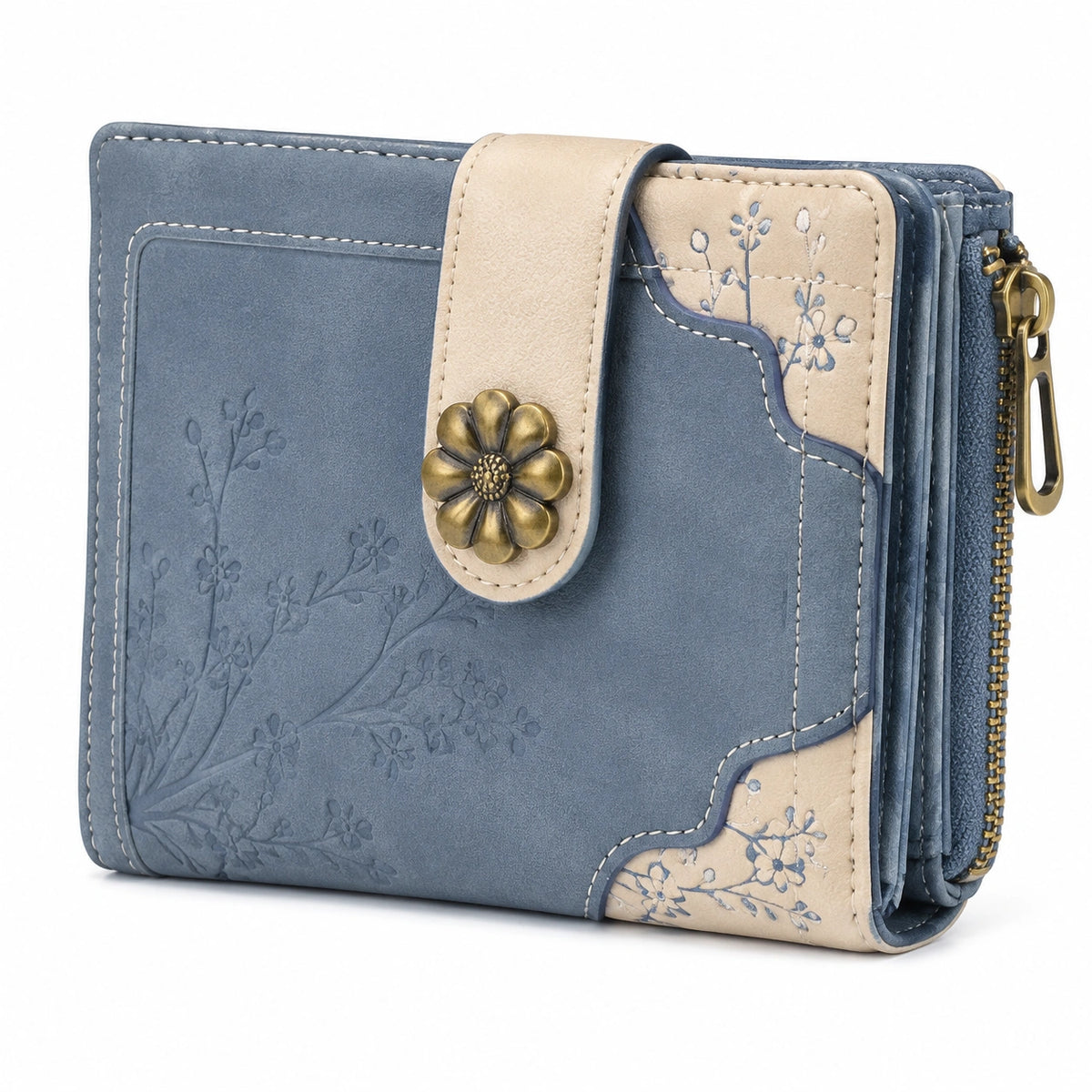 Portefeuille femme 19 x 10 x 3 cm en similicuir bleu beige à motifs floraux avec fermeture zippée