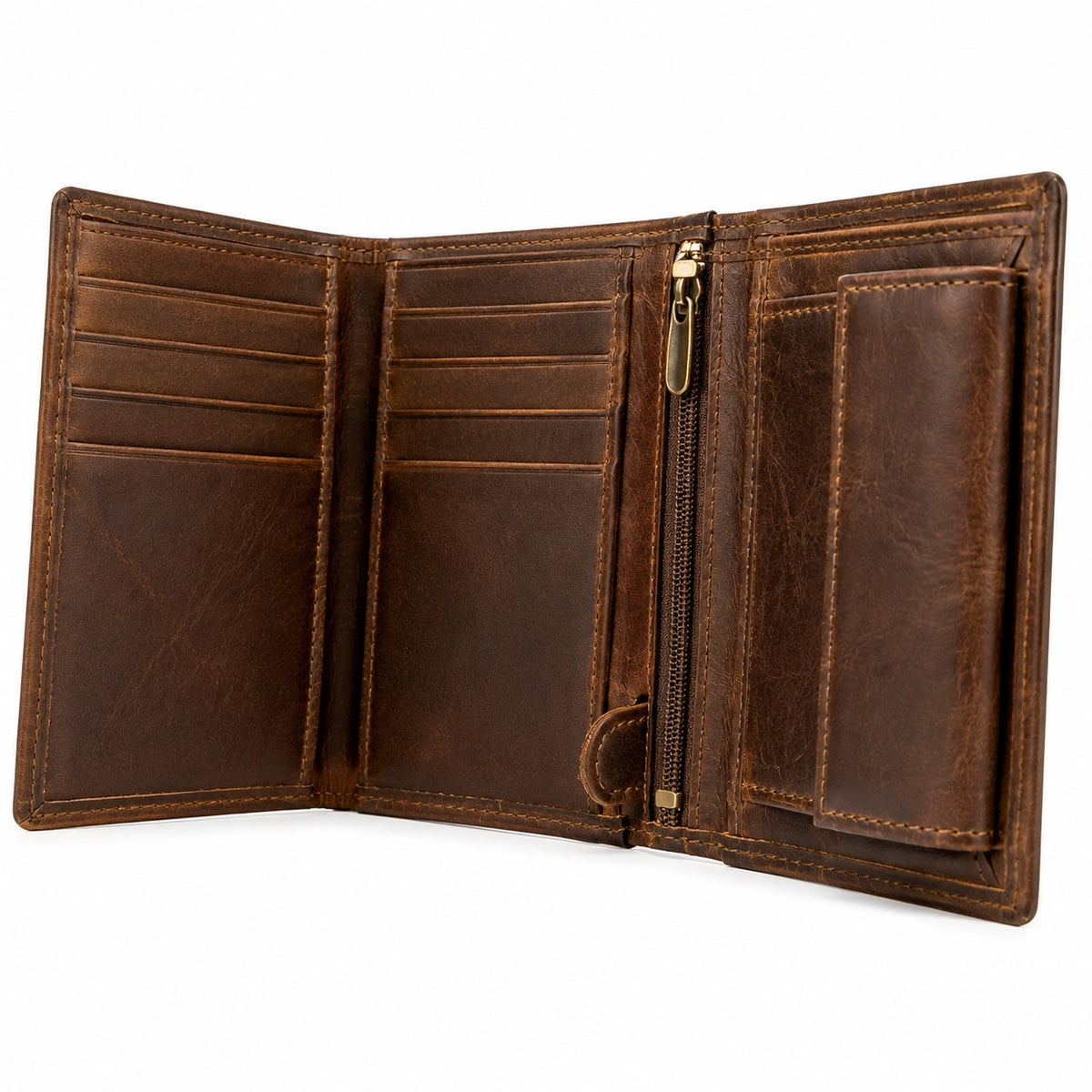 Portefeuille pliant 12 x 9 cm en cuir marron avec porte-cartes et poche zippée