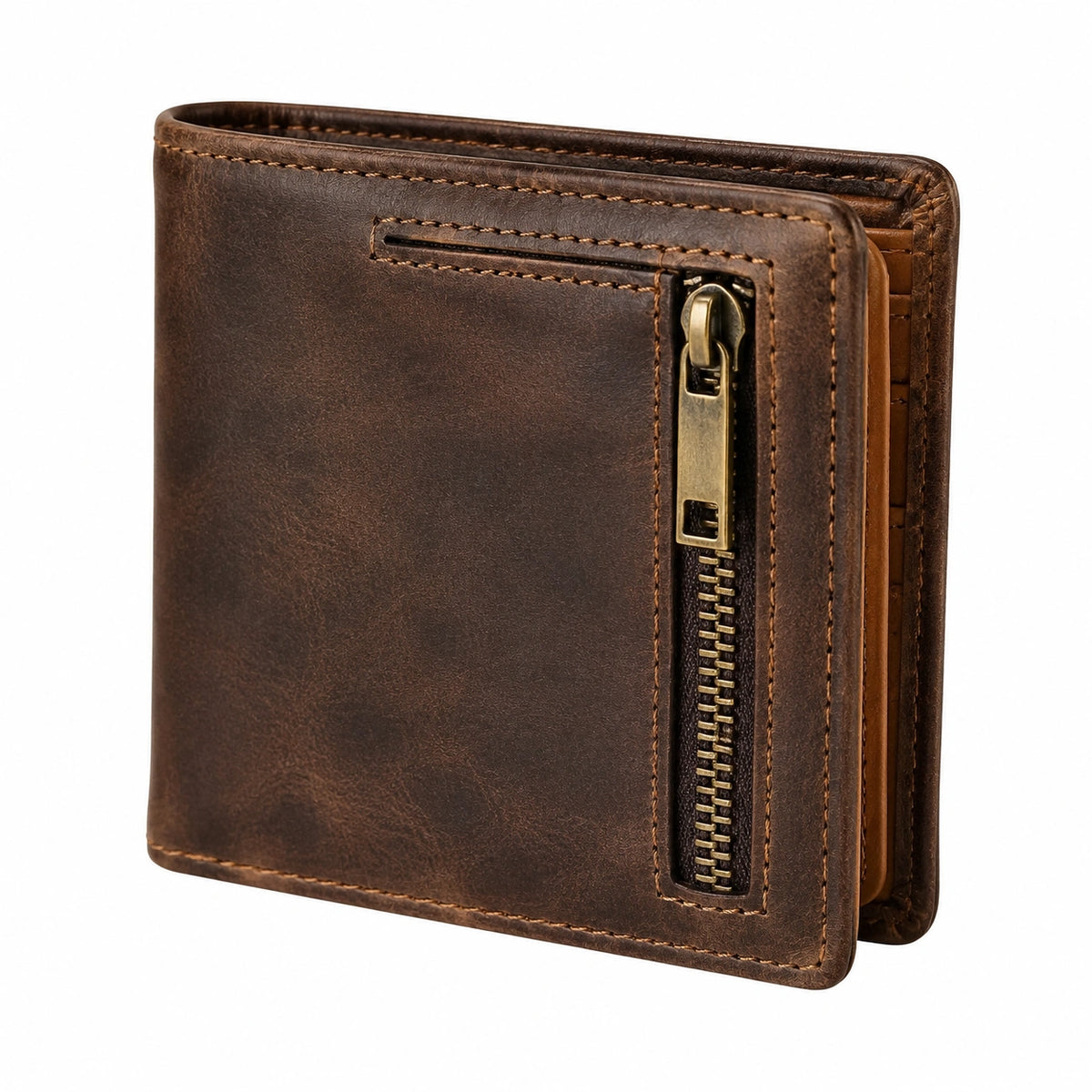 Portefeuille homme 12 x 9 x 2 cm en cuir marron à fermeture zippée style classique