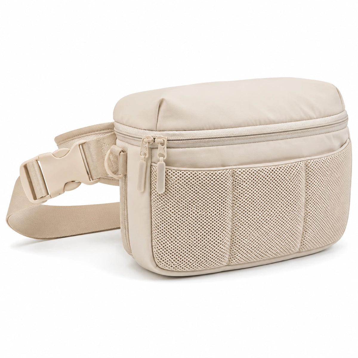 Sac banane 22 x 7 x 14 cm beige en polyester avec poches filet et sangle réglable