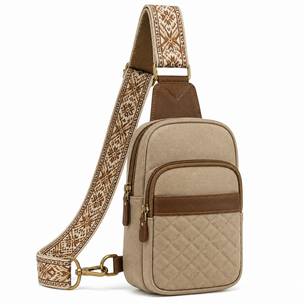 Sac bandoulière 18 x 8 x 30 cm textile beige et marron pour usage quotidien style matelassé