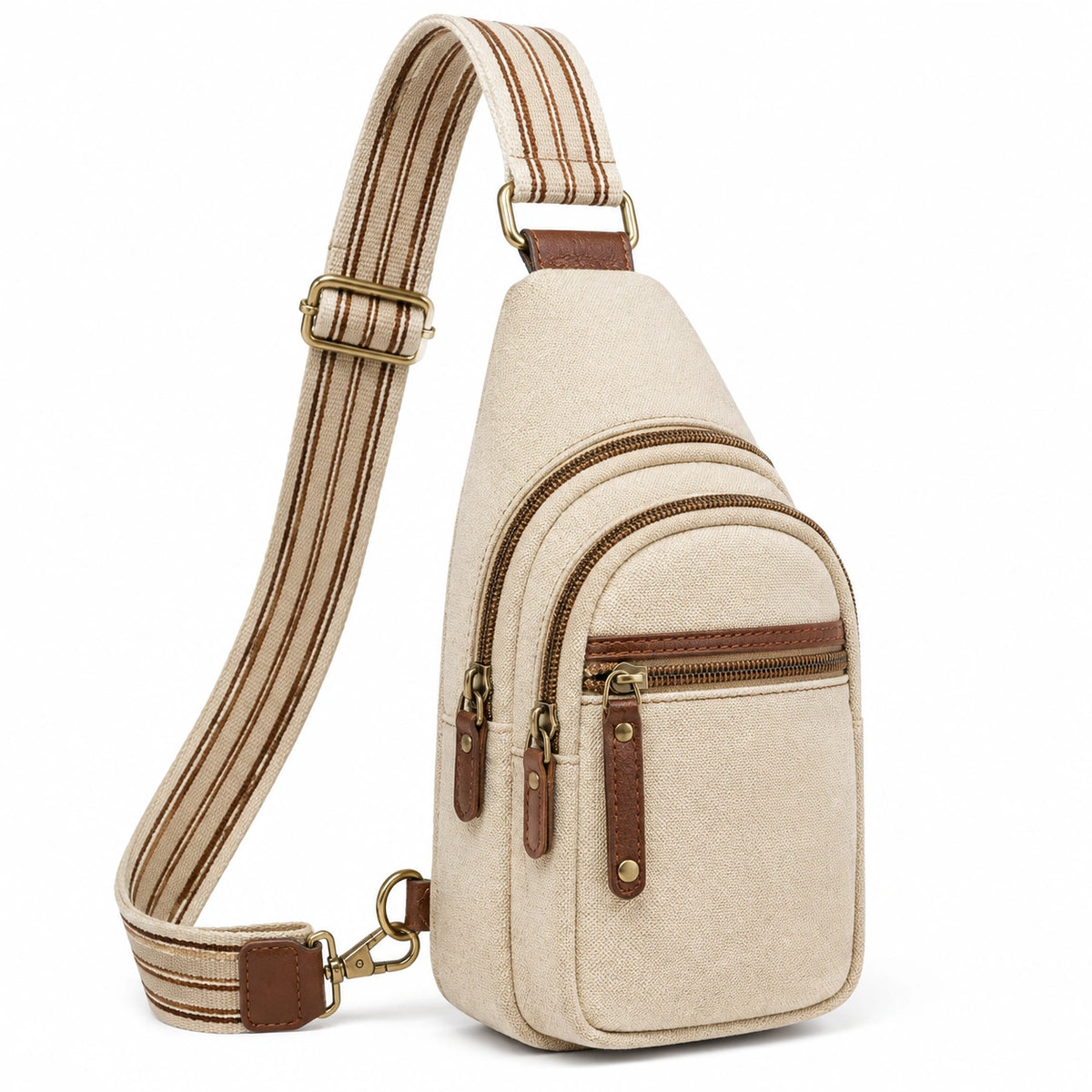 Sac à bandoulière 17 x 8 x 31 cm en toile beige et marron à bandoulière réglable