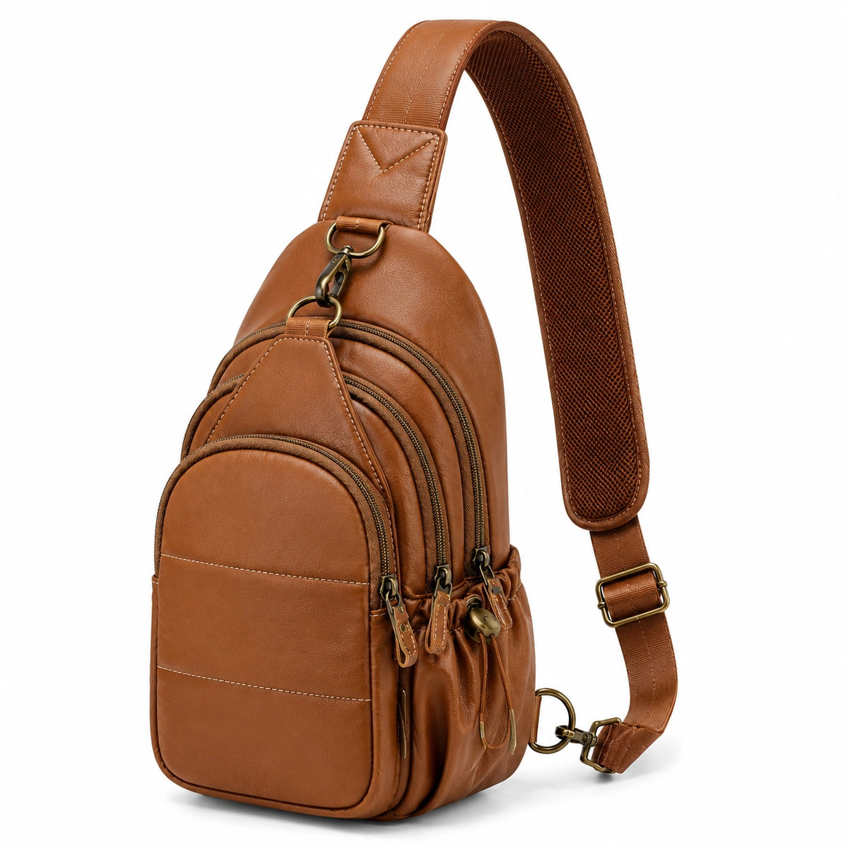 Sac à dos bandoulière 18 x 9 x 30 cm en similicuir marron à compartiments zippés