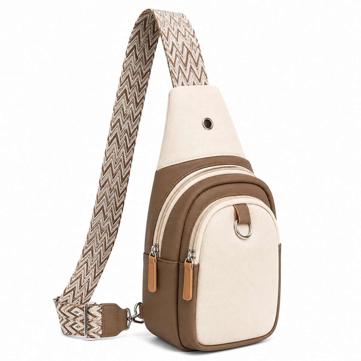 Sac à dos bandoulière 30 x 18 x 8 cm en textile et similicuir beige marron à motif chevrons avec poches zippées