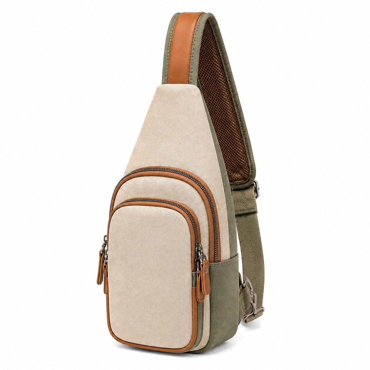 Sac bandoulière 18 x 8 x 32 cm textile beige kaki et marron à poches zippées