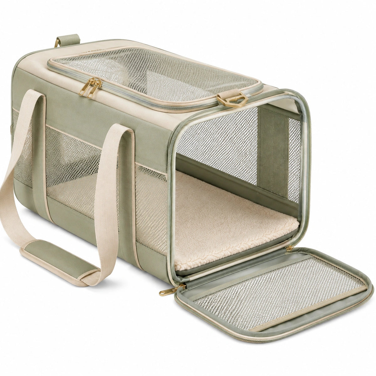 Sac de transport pour animaux 45 x 28 x 28 cm en textile vert sauge avec maille respirante