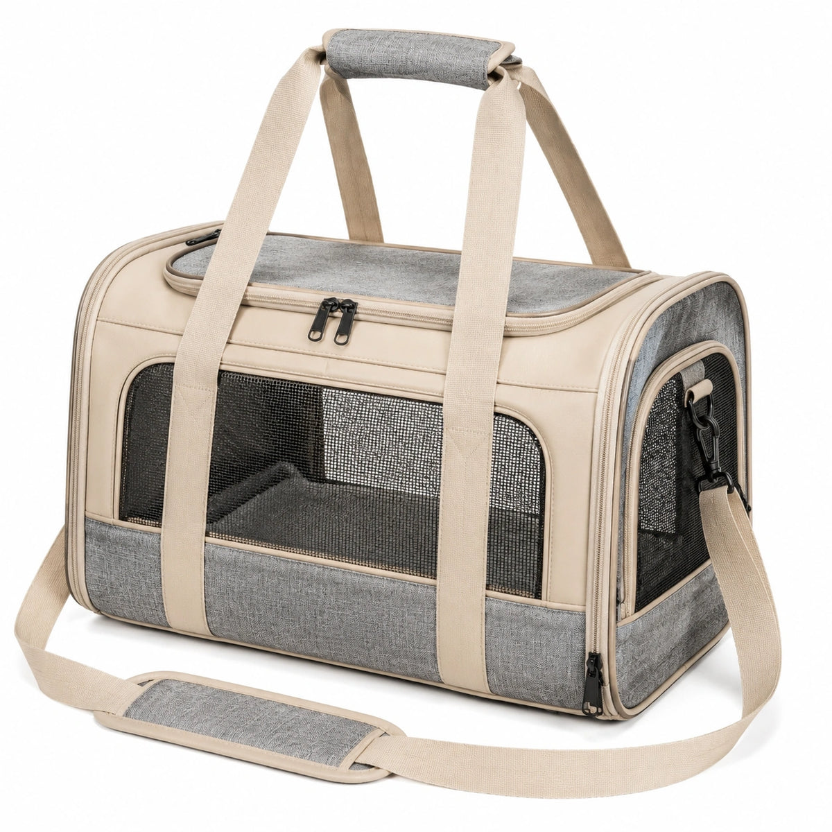 Sac de transport pour animaux 45 x 28 x 28 cm en textile beige et gris avec maille respirante
