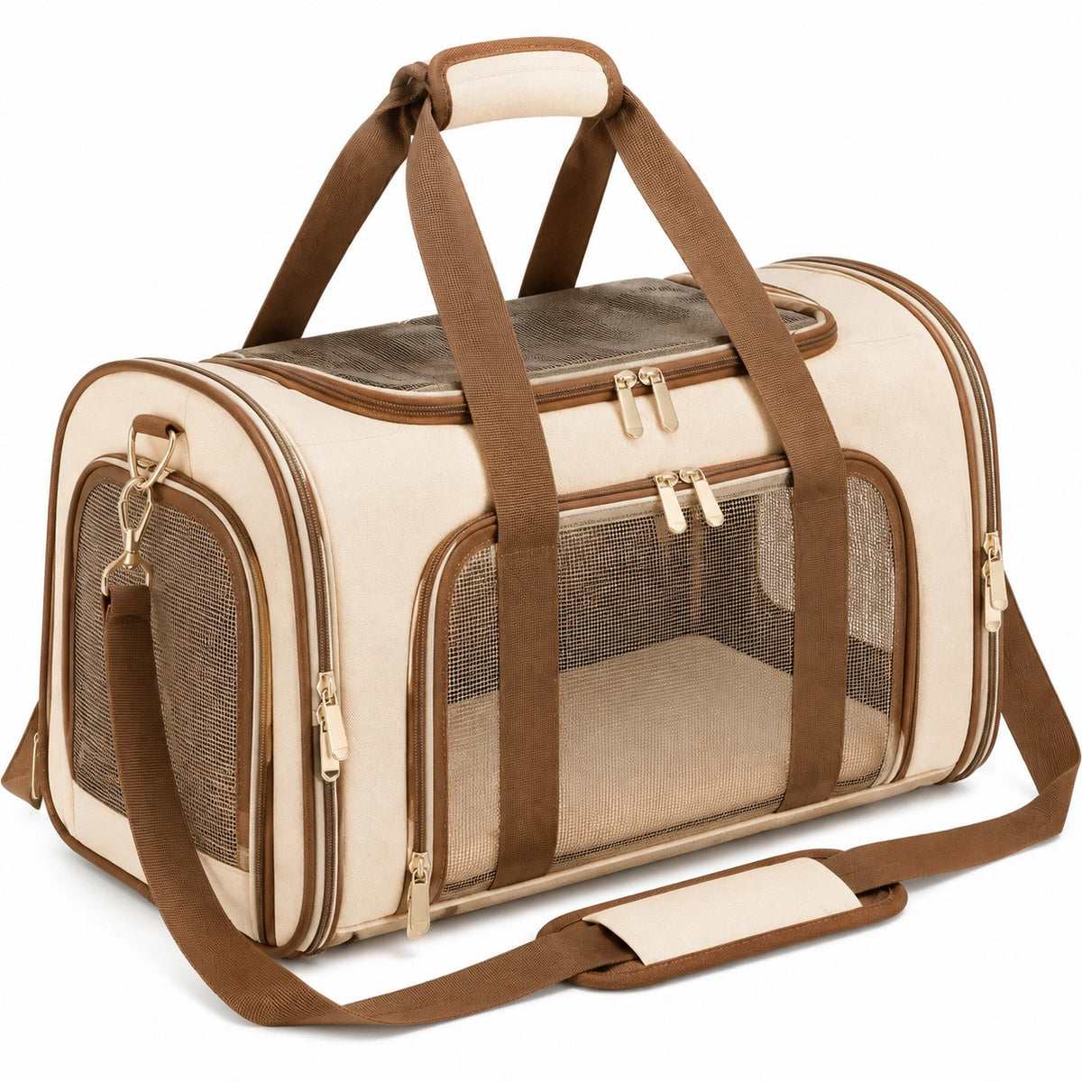 Sac de transport pour animaux 45 x 28 x 30 cm en tissu beige et marron avec maille respirante