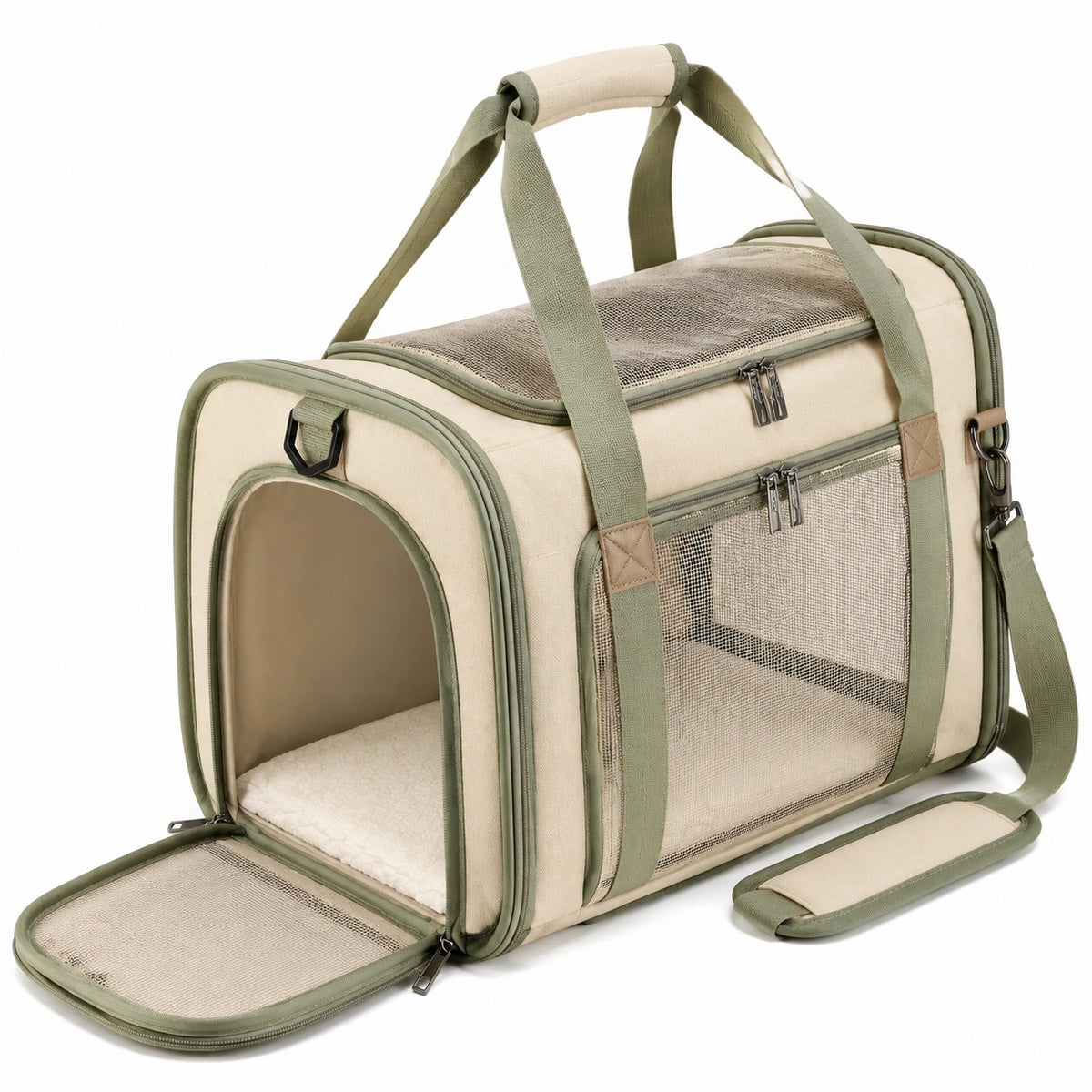 Sac de transport pour animaux 45 x 28 x 30 cm en tissu beige et vert avec maille respirante