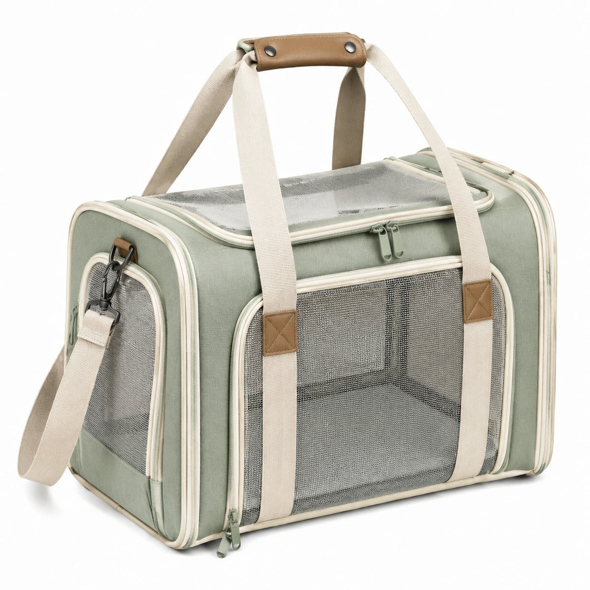 Sac de transport pour animaux 45 x 28 x 30 cm en tissu vert sauge avec maille portable