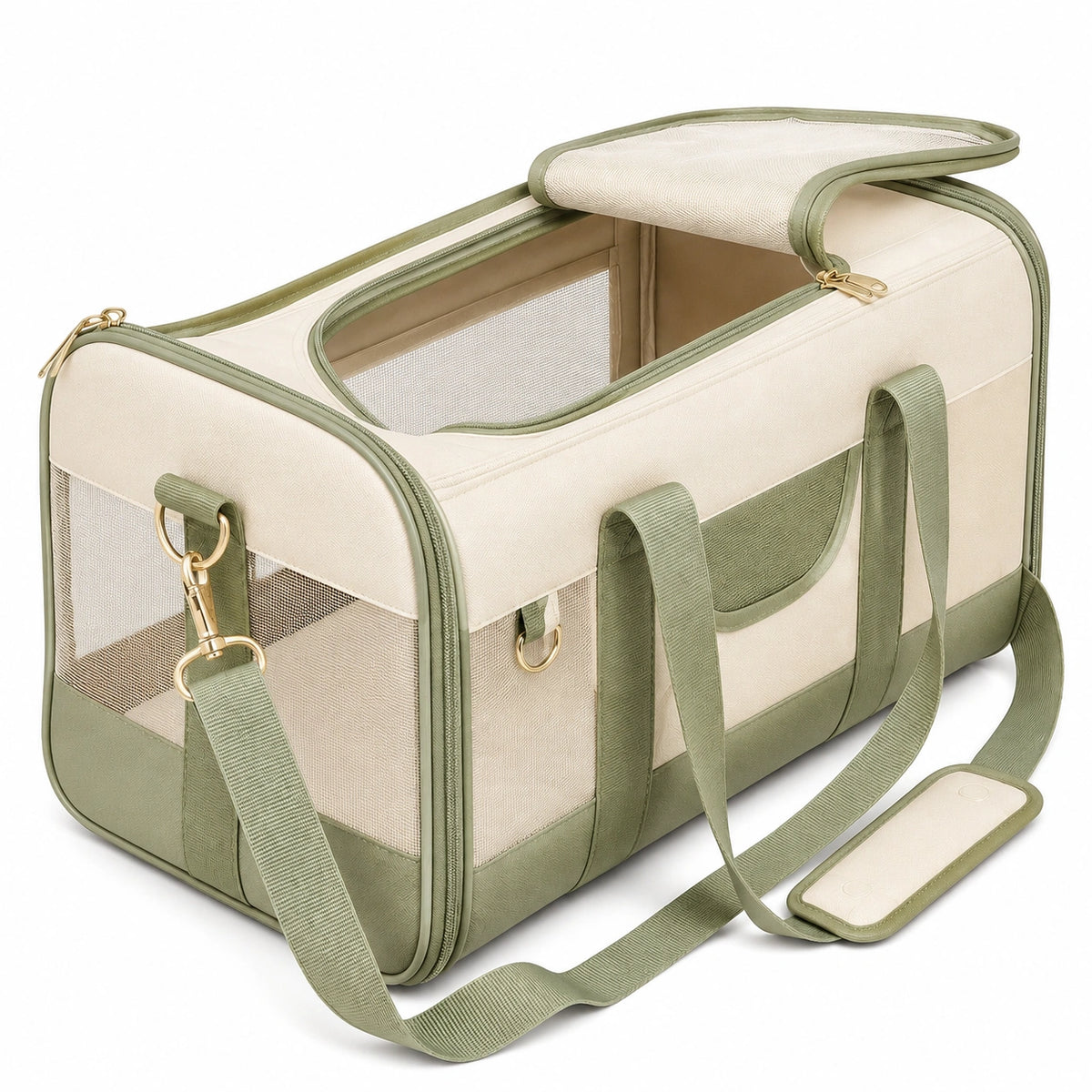 Sac de transport pour animal 45 x 28 x 30 cm en tissu beige vert avec aérations