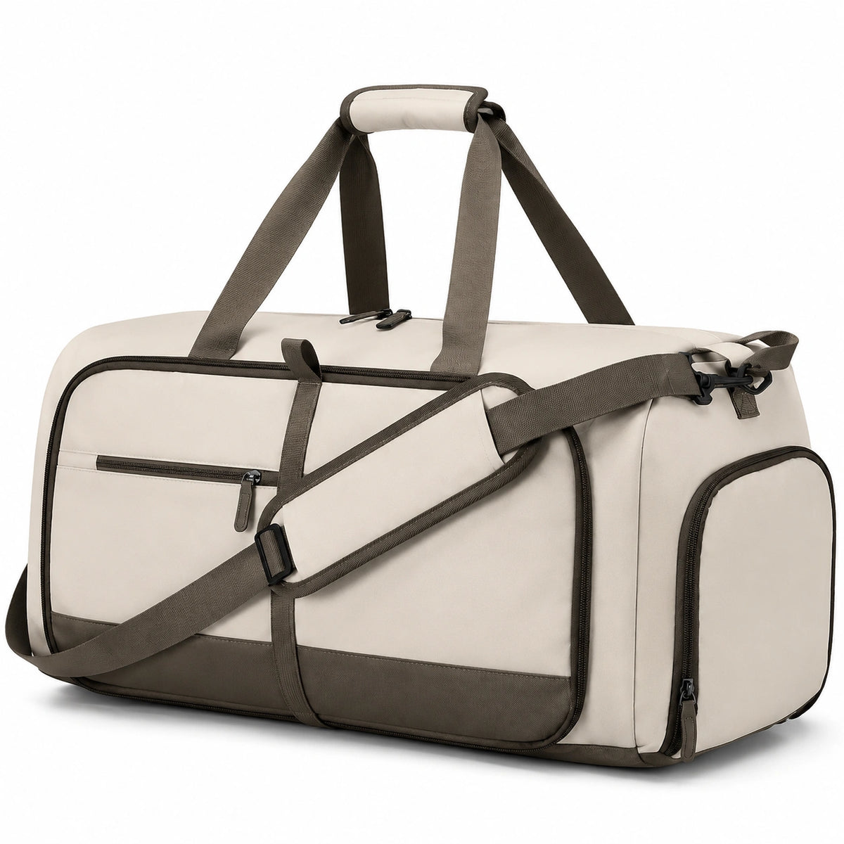 Sac de voyage 50 x 25 x 28 cm en tissu synthétique beige et marron à bandoulière réglable