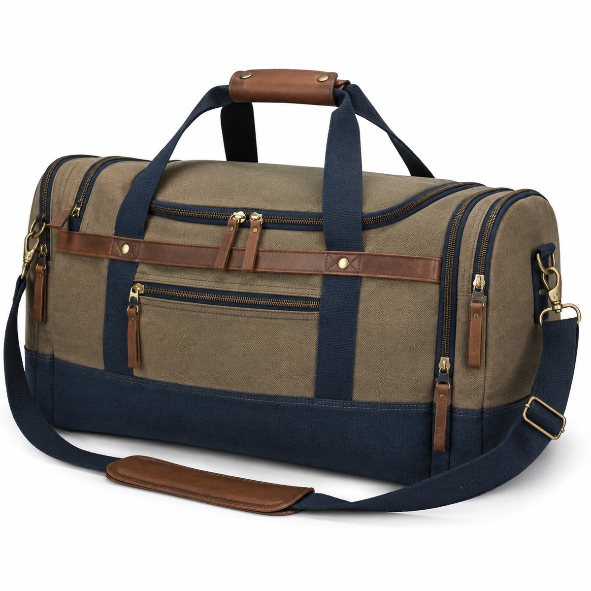 Sac de voyage 50 x 25 x 28 cm en toile kaki bleu marine avec bandoulière style vintage