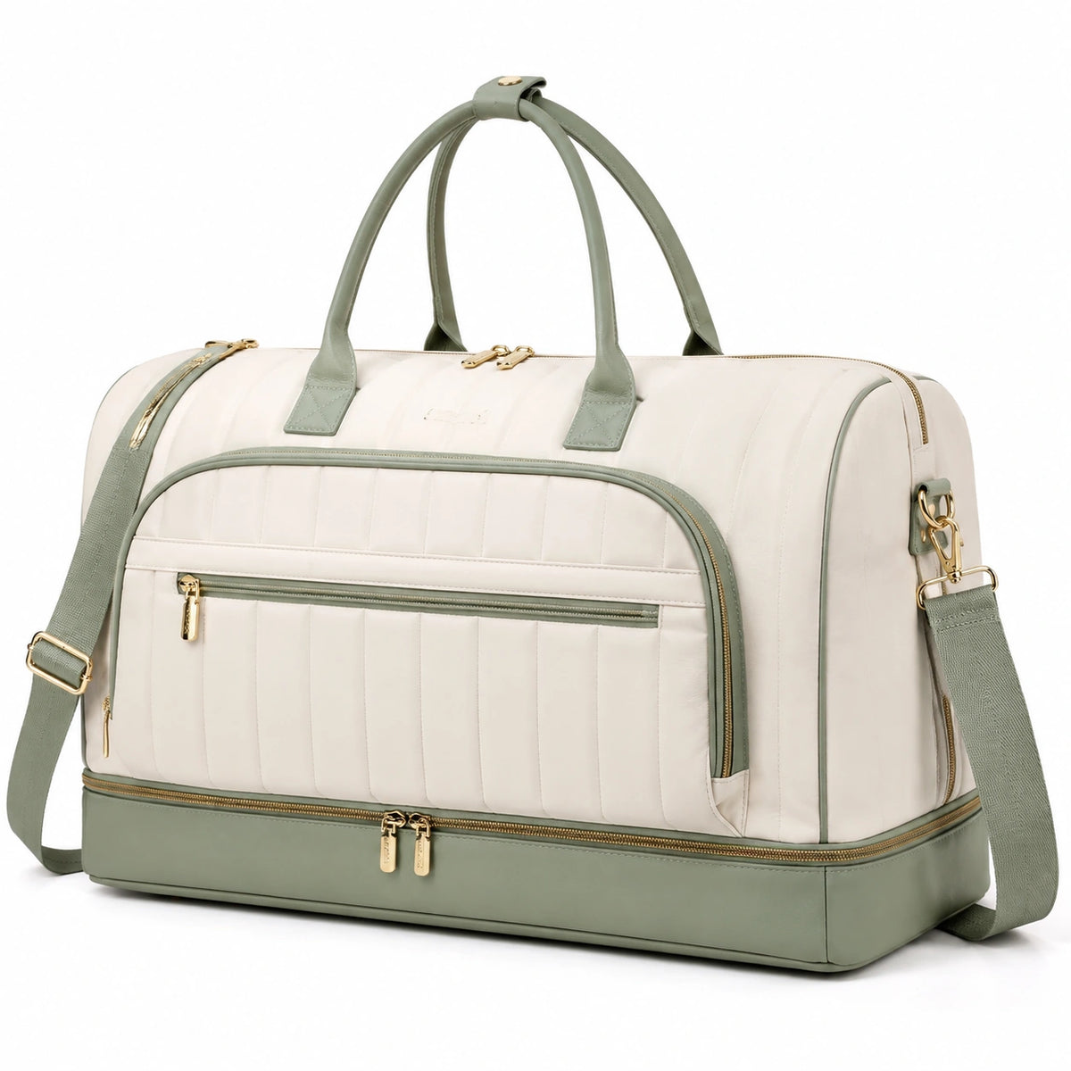 Sac de voyage 45 cm matelassé beige et vert avec bandoulière et compartiment chaussures