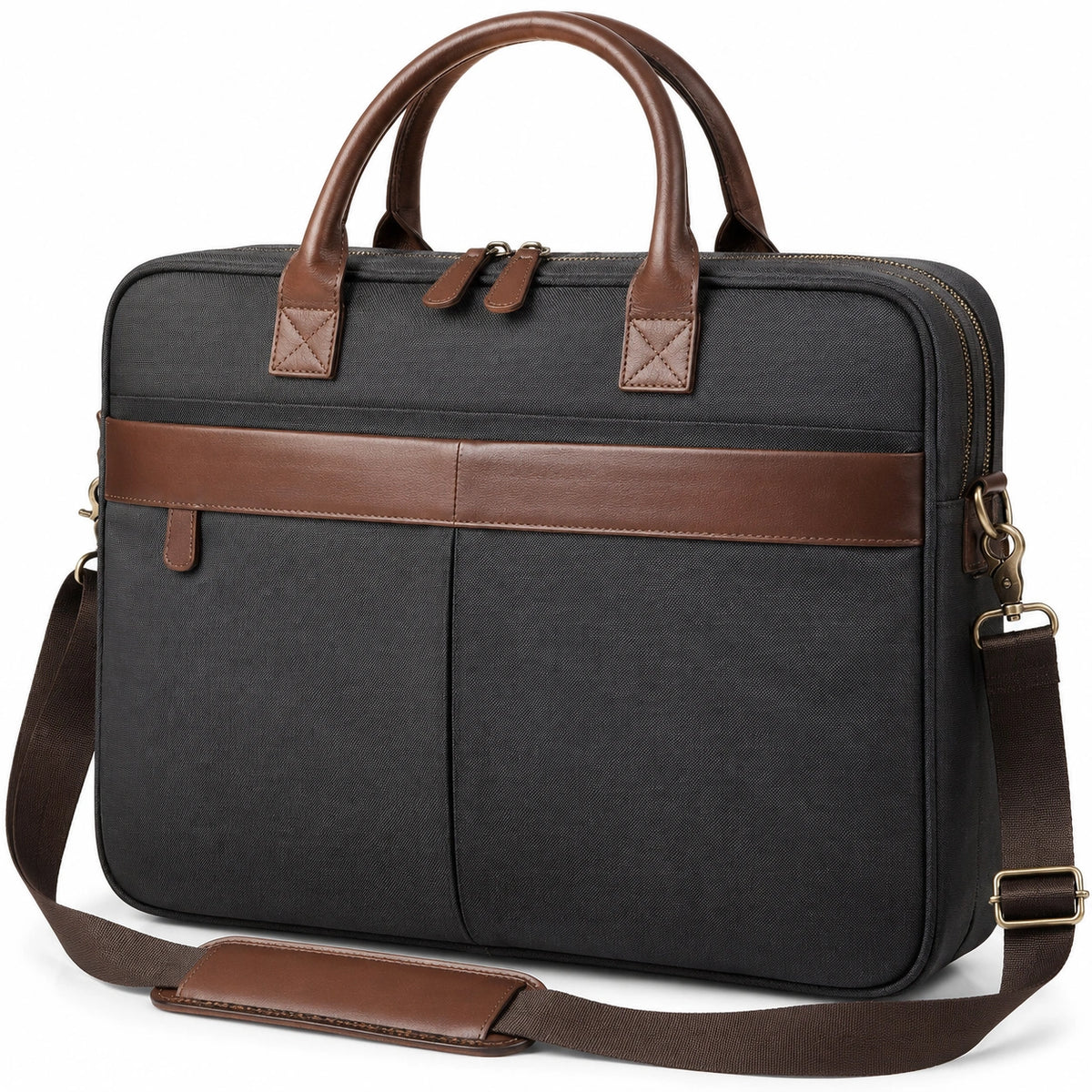 Sac ordinateur 40 x 30 x 8 cm en polyester noir et marron avec bandoulière réglable