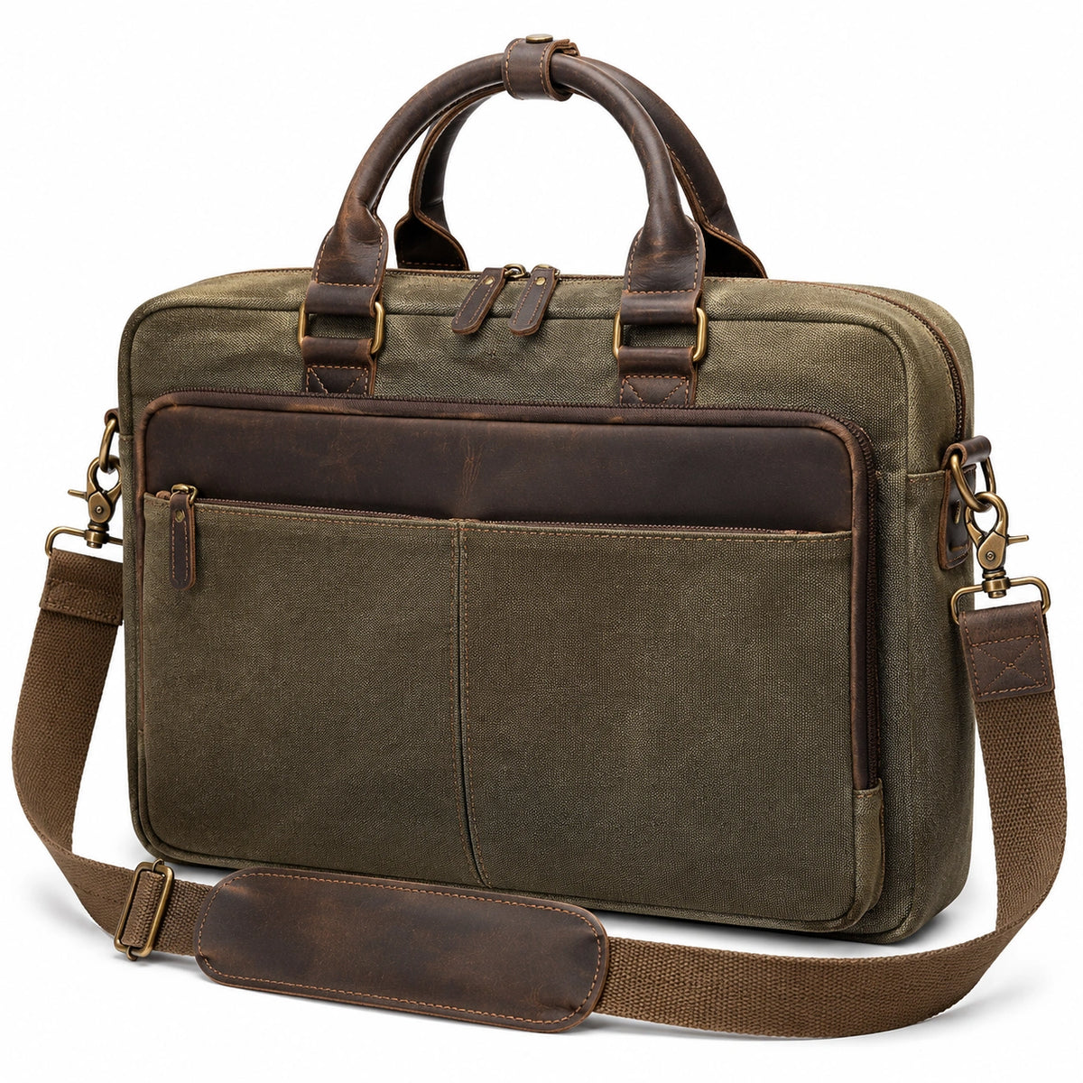 Sacoche ordinateur 42 x 12 x 31 cm en toile kaki et détails aspect cuir style vintage