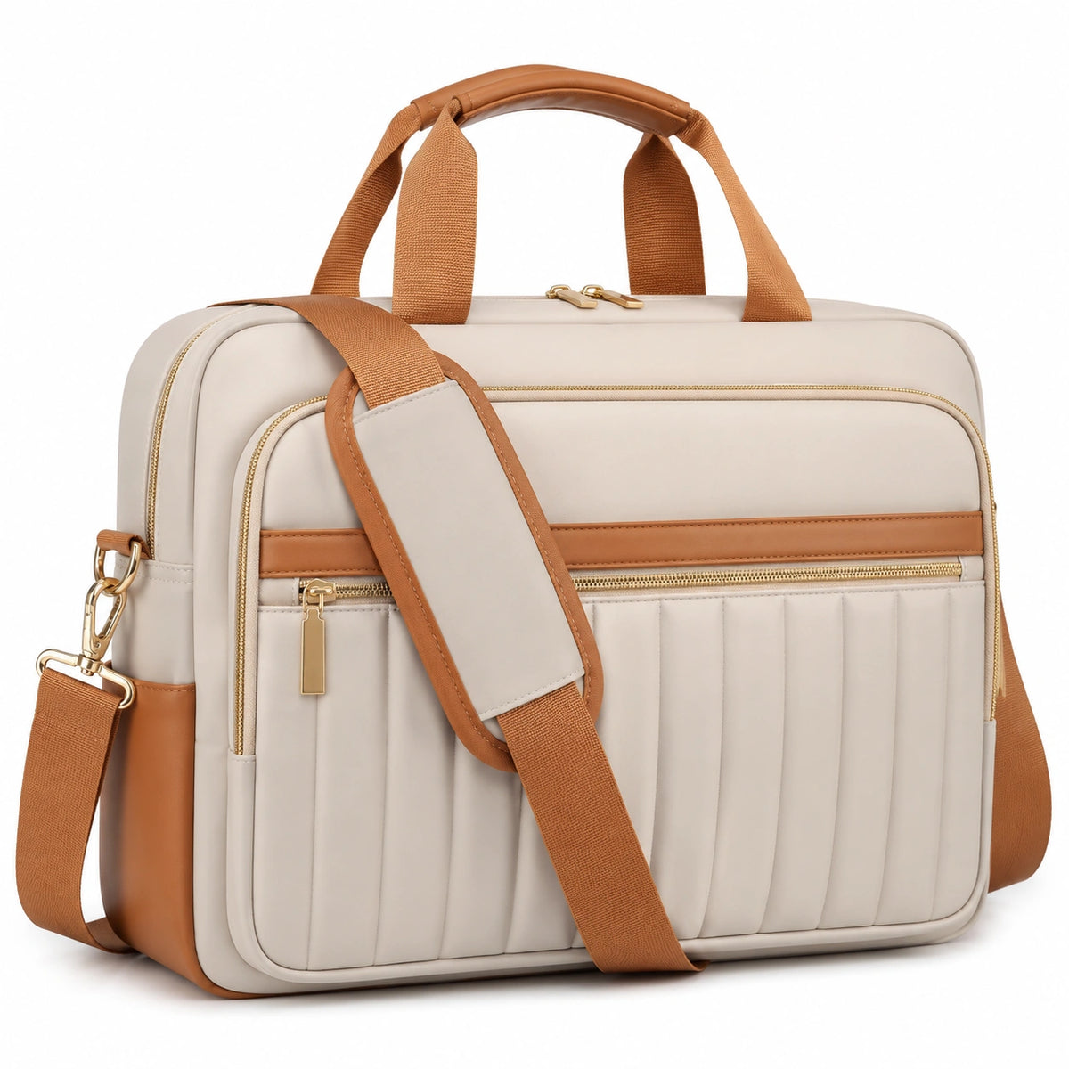 Sac pour ordinateur portable 40 cm en similicuir beige et camel style matelassé avec bandoulière